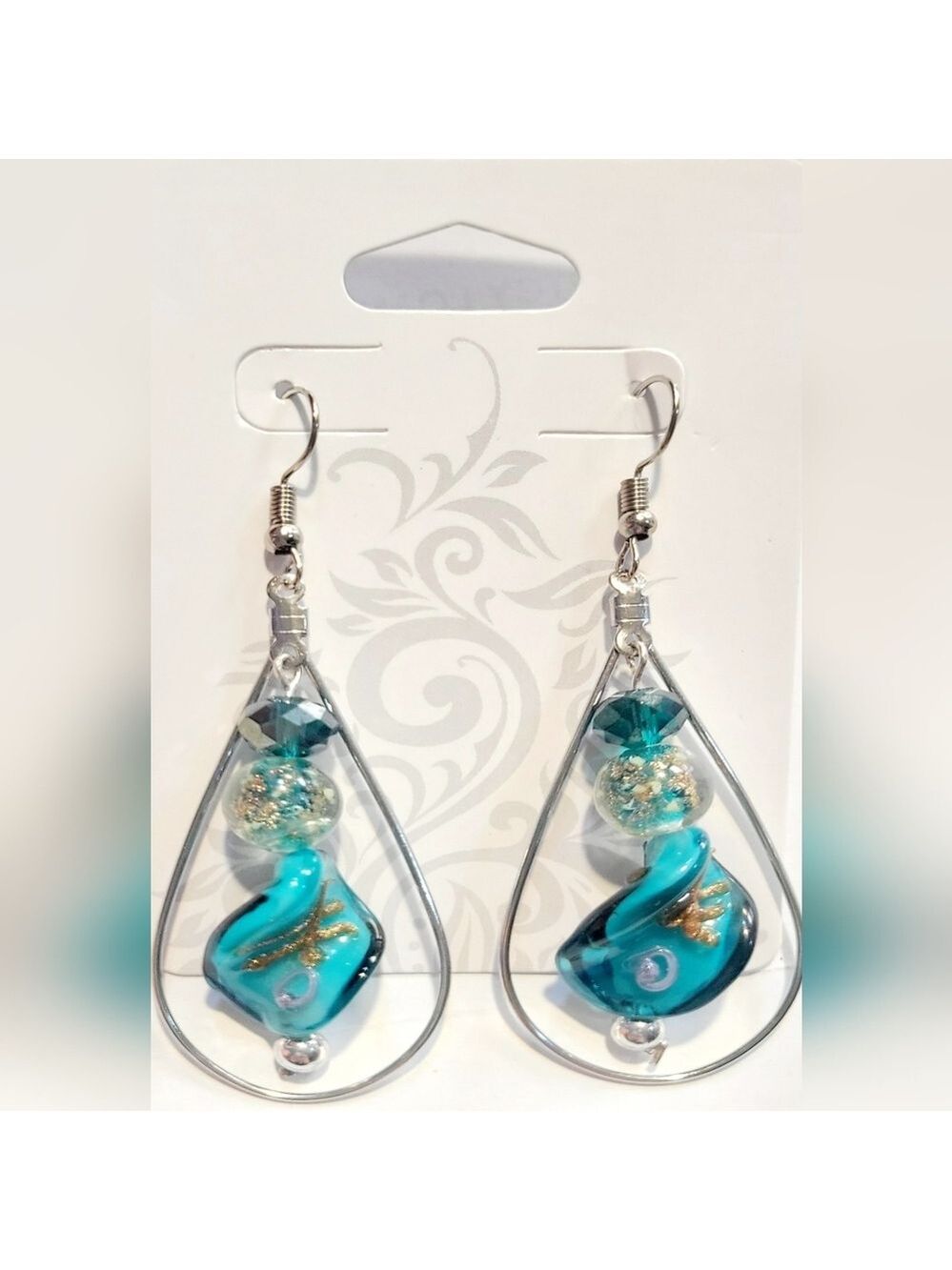 Twisted Teal Gold and Silver Drop Dangle Beaded Earrings - Picture 1 of 6